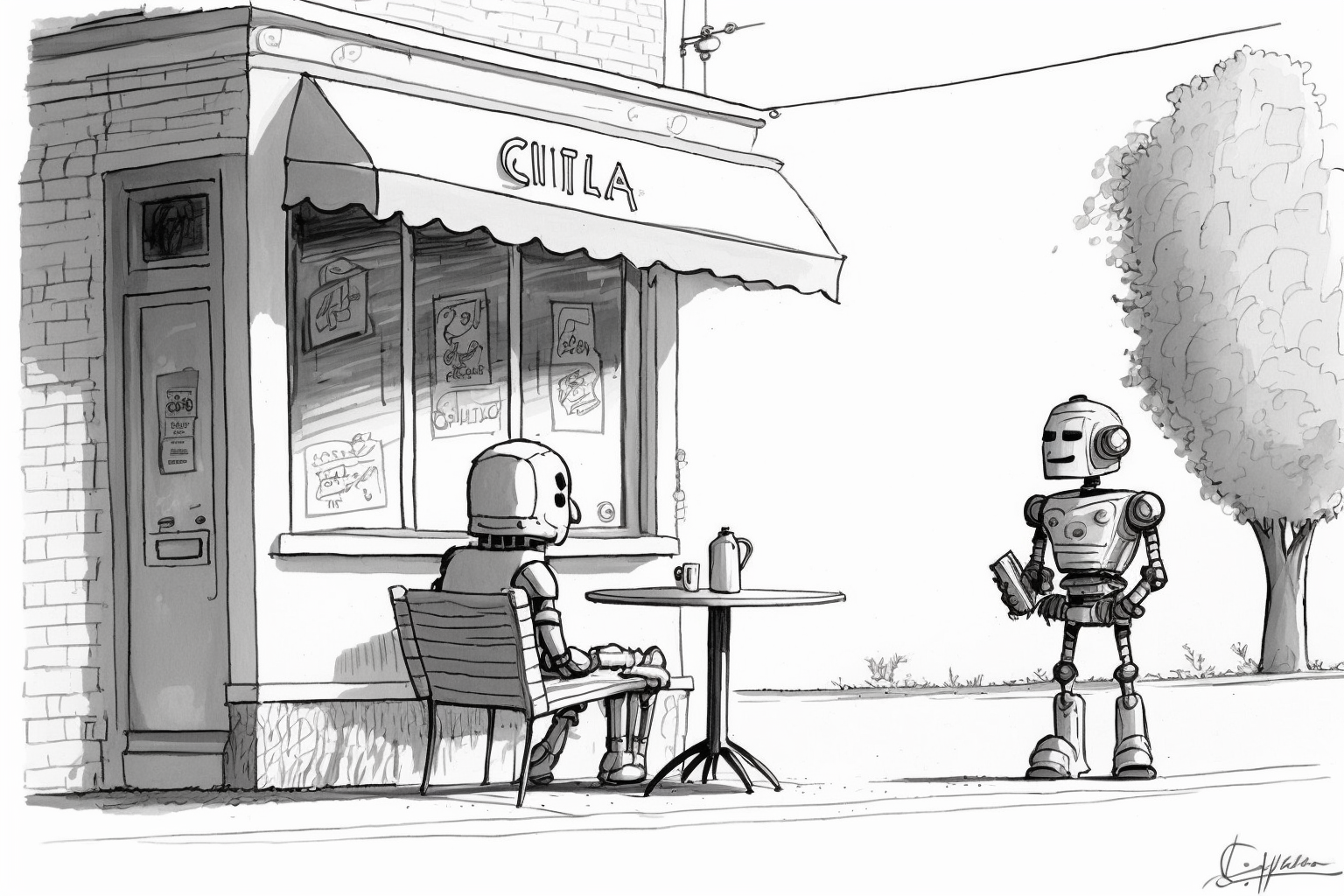 a robot sitting at a cafe table. another robot approaches near the sidewalk