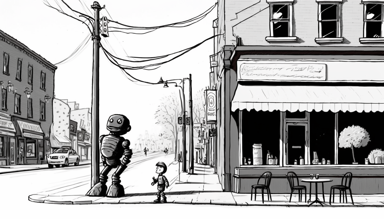 illustration of small robot crossing the street, a little boy stares at him