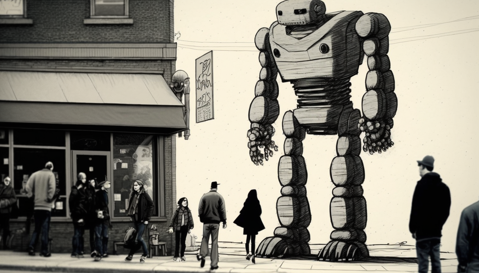 illustration of giant robot walking the street