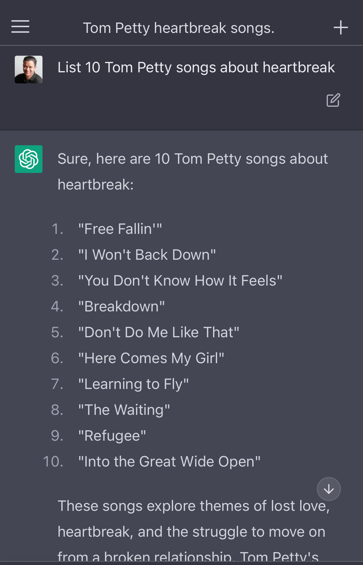 screenshot of chatgpt of user asking for Tom Petty heartbreak songs