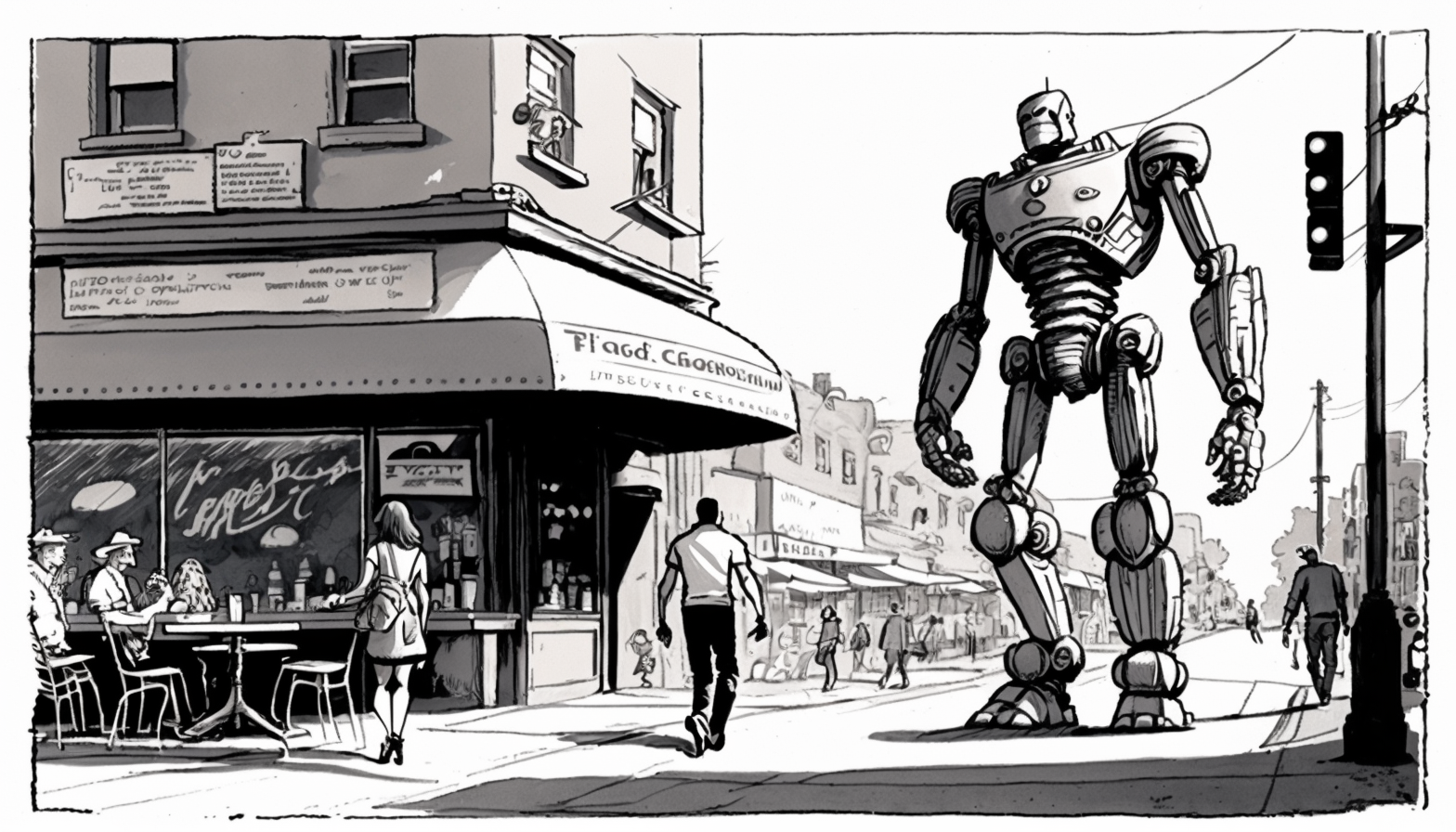 a giant robot walking Main Street